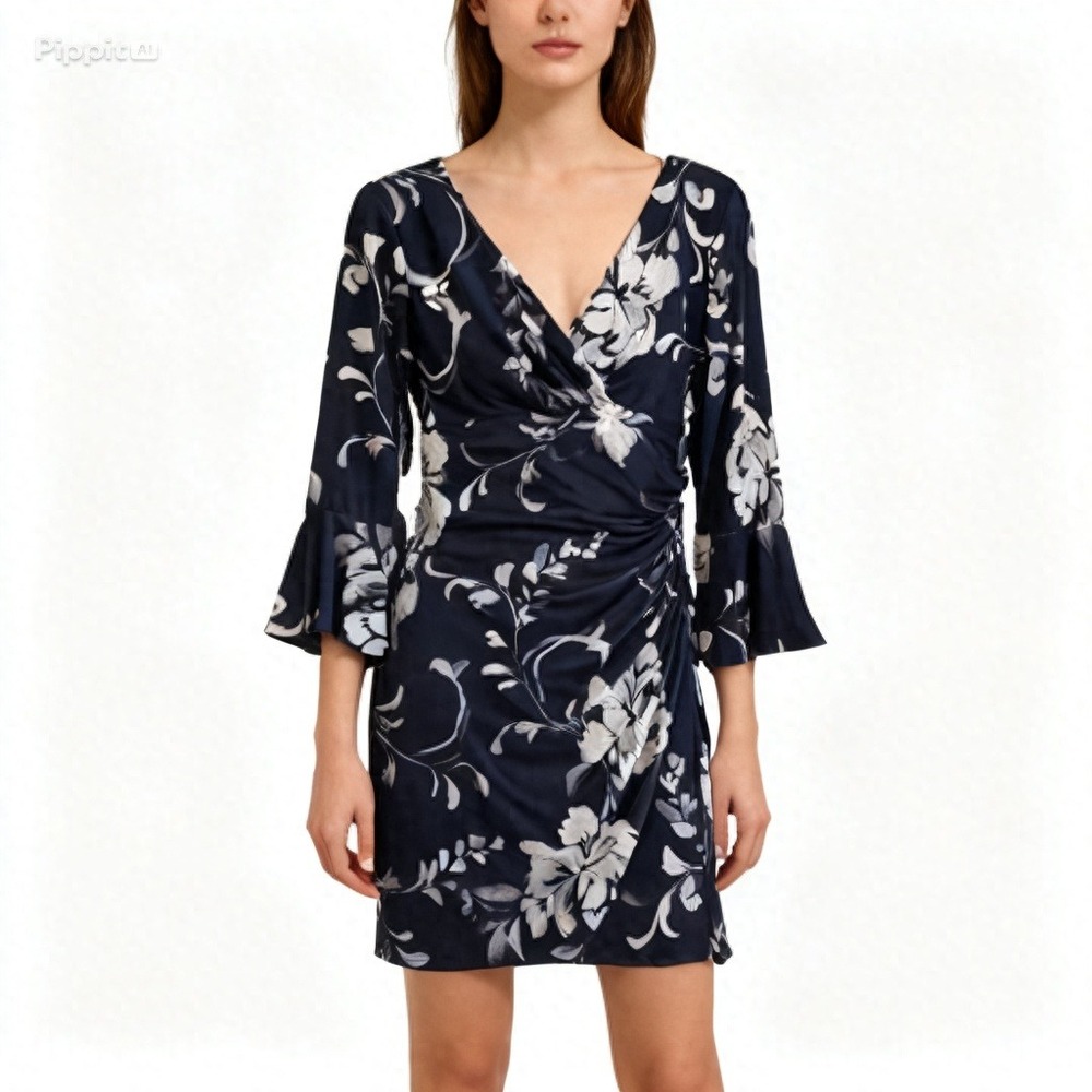 Lauren Ralph Lauren Navy Floral Bell Sleeve Ruched Faux Wrap Sheath Dress 14